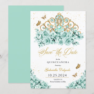 Minze Green & Gold Tiara Save the Date Quinceañera Einladung