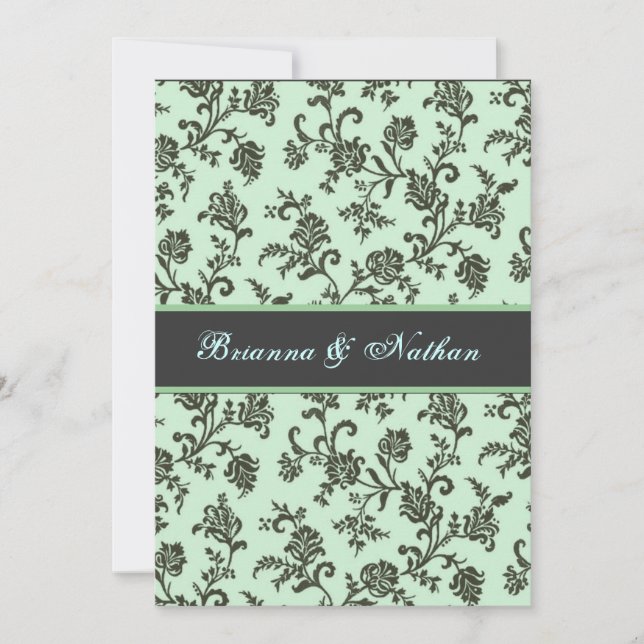Minze Green & Gray Blume Damask Hochzeit Einladung (Vorderseite)