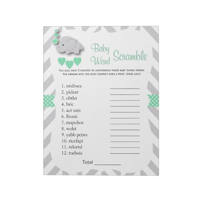 Minze Green & Gray Elephant Baby Shower Word Game Notizblock (Rotiert)
