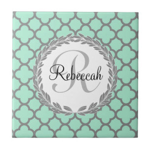 Minze Green Gray Quatrefoil Name Mit Monogramm Lau Fliese