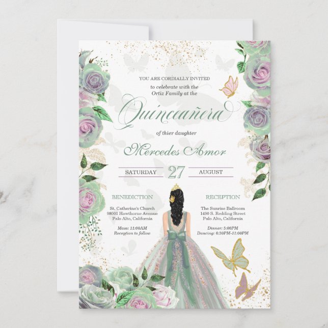 Minze Green & Lavender Rose Butterfly Quinceanera Einladung (Vorderseite)