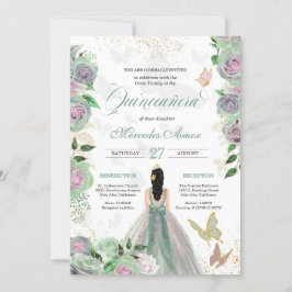 Minze Green & Lavender Rose Butterfly Quinceanera Einladung