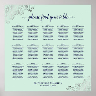 Minze Green & Navy 15 Table Wedding Seating Chart Poster