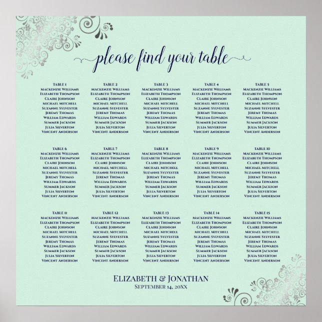 Minze Green & Navy 15 Table Wedding Seating Chart Poster (Vorne)