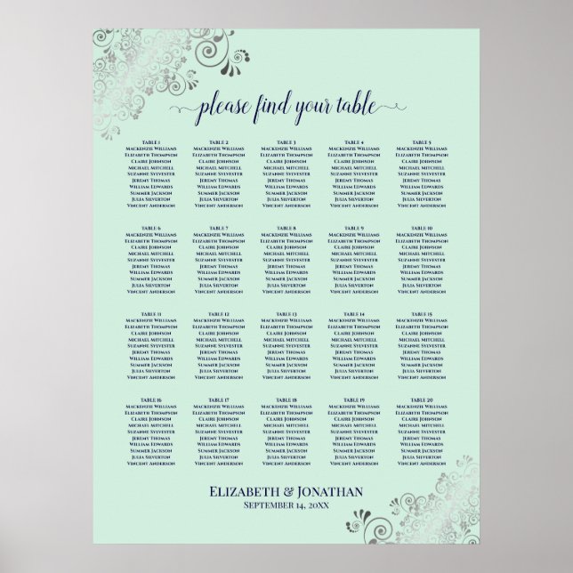 Minze Green & Navy 20 Table Hochzeitstabelle Poster (Vorne)