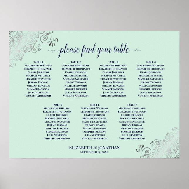 Minze Green & Navy 7 Table Wedding Chart Poster (Vorne)