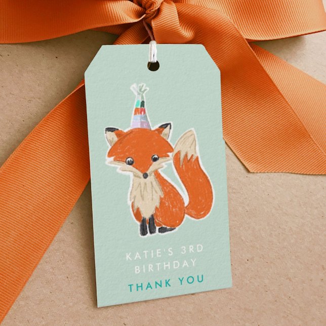 Minze Green Niedlich Fox Party Hat Woodland Vielen Geschenkanhänger (Cute orange fox in a party hat mint birthday party favor gift tags.)