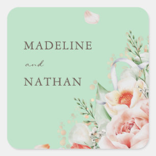 Minze Green & Peach Floral Bouquet Umschlag Aufkle Quadratischer Aufkleber