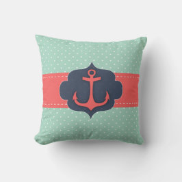 Minze Green Polka Dot Coral Pink Anchor Kissen