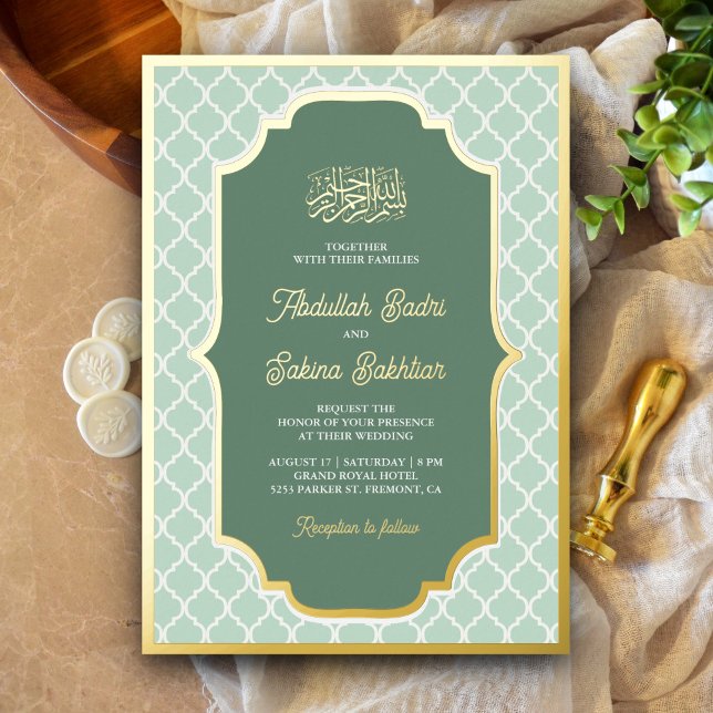 Minze Green Quatrefoil Muster muslimische Hochzeit Folieneinladung (Von Creator hochgeladen)