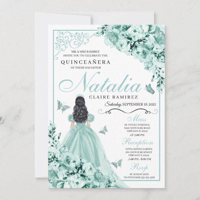 Minze Green Rose Princess Dress Quinceanera Einladung (Vorderseite)