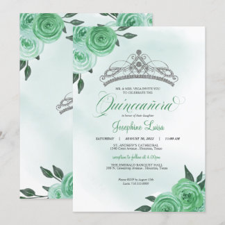 Minze Green Rose Silver Tiara Quinceañera Geburtst Einladung