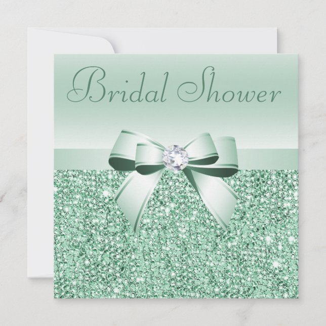 Minze Green Sequins, Bow & Diamond Brautparty Einladung (Vorderseite)
