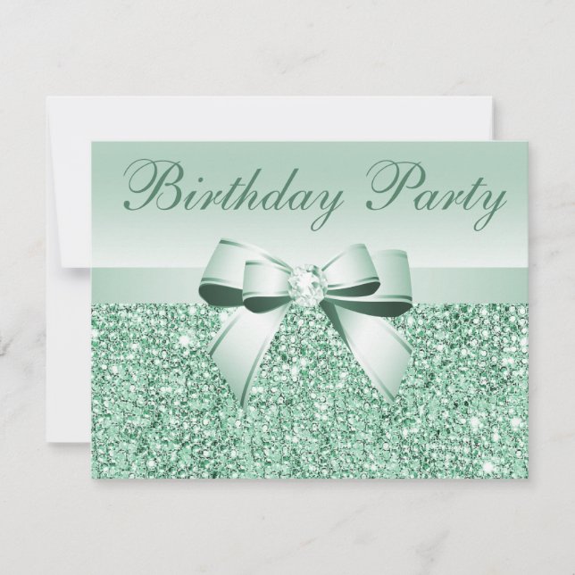 Minze Green Sequins, Bow & Diamond zum Geburtstag Einladung (Vorderseite)