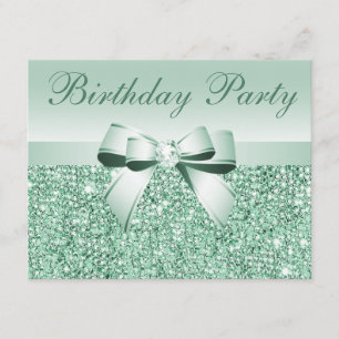 Minze Green Sequins, Bow & Diamond zum Geburtstag Einladung