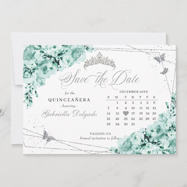 Minze Green & Silver Quinceañera Save the Date Einladung (Vorderseite)