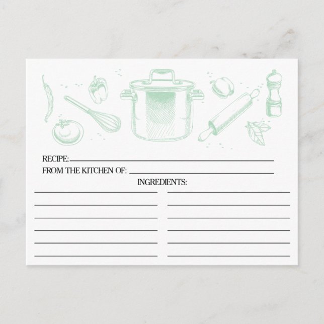 Minze Green Sketched Kitchen Tools Rezept Cards Postkarte (Vorderseite)