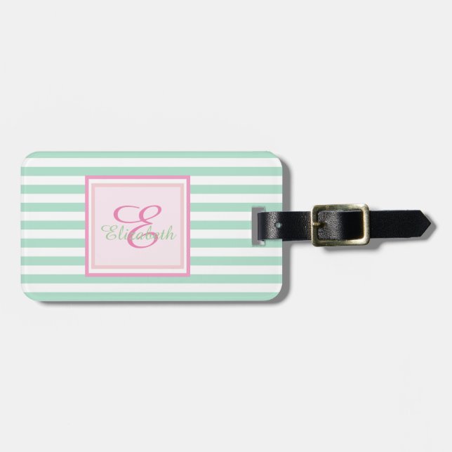 Minze Green Striped Monogram Personalisiert Gepäckanhänger (Vorderseite horizontal)