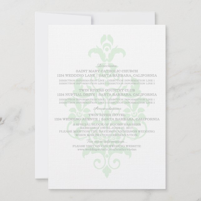 Minze Green Subtle Damask Information Card Einladung (Vorderseite)