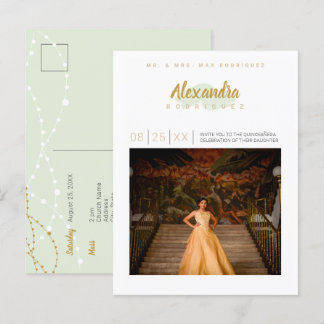 Minze Green und Gold Foto Quinceanera Einladungspostkarte