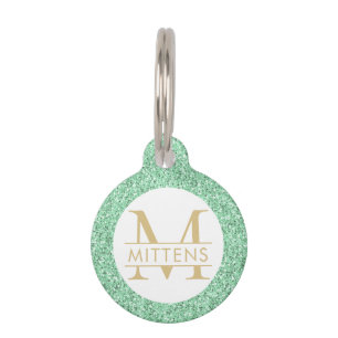 Minze Green und Gold Glitzer Funkelnd Monogram Haustiermarke