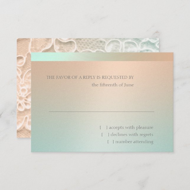 Minze Green und Peach Lace Wedding RSVP Card (Vorne/Hinten)