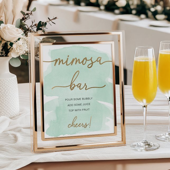Minze Green Watercolor Gold Mimosa Bar Sign Poster (Von Creator hochgeladen)