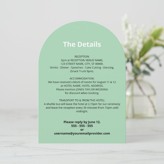 Minze Green Wedding Details Card Einladung (Stehend Vorderseite)