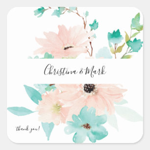Minze Grün & Rosa Floral Vielen Dank 2 Quadratischer Aufkleber