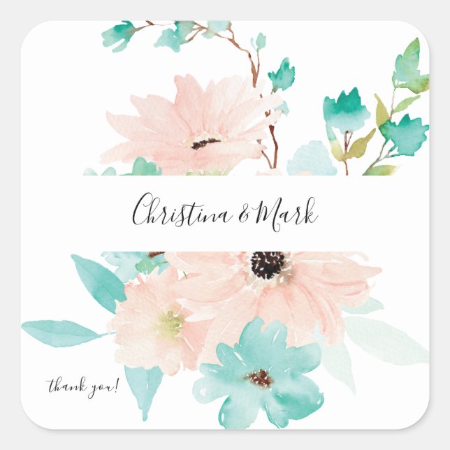 Minze Grün & Rosa Floral Vielen Dank 2 Quadratischer Aufkleber (Vorderseite)