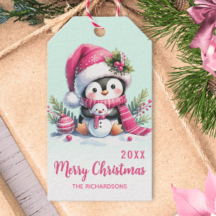 Minze Grün und Pink Fun Pinguin Weihnachten Geschenkanhänger