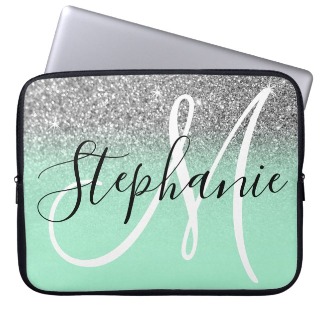 Minze Grün und Silver Glitzer Ombre Monogram Laptopschutzhülle (Vorderseite)