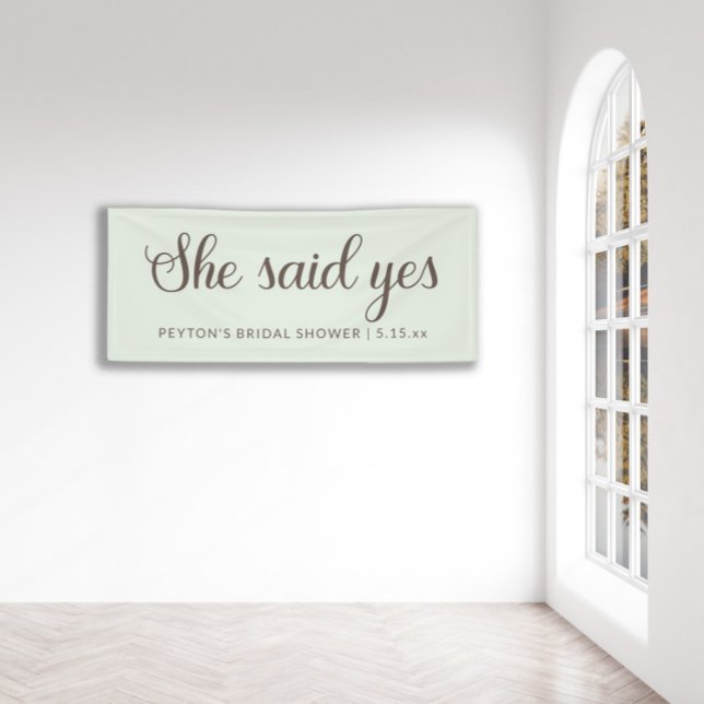 Minze grünbraune Text sagte sie ja Brautparty Banner ("She said yes" custom bridal shower banner)