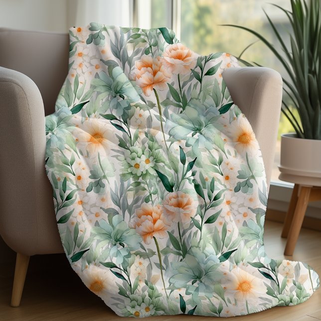 Minze grüne Blüte Peach Frühjahr Wasserfarbe Blüte Fleecedecke (FLORAL MINT GREEN BLANKET)