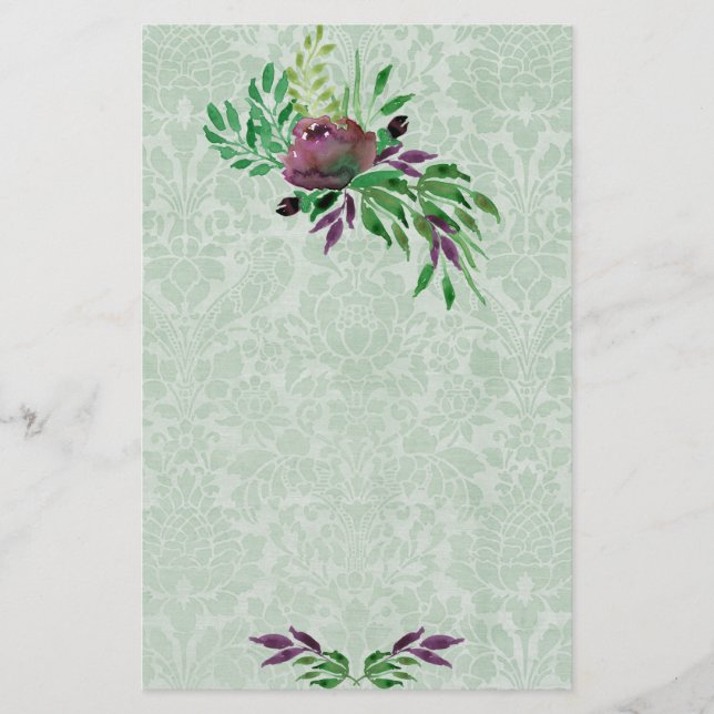 Minze grüne Damask Floral 5,5" x 8,5" Stationierun Briefpapier (Vorderseite)