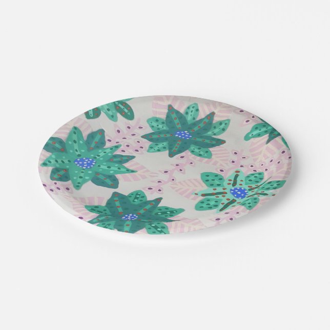 Minze grüne Feiertage Blumendruck  Pappteller (Schrägansicht)