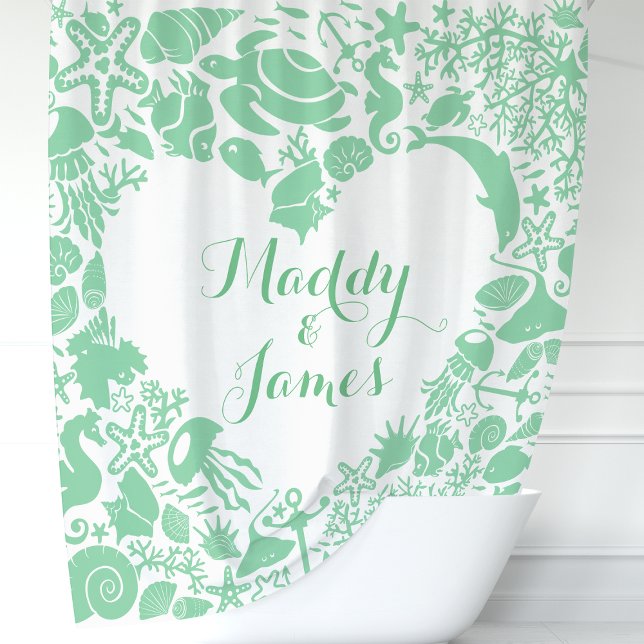 Minze Grüne Meereslebewesen Paare Herz-Monogramm Duschvorhang (Von Creator hochgeladen)
