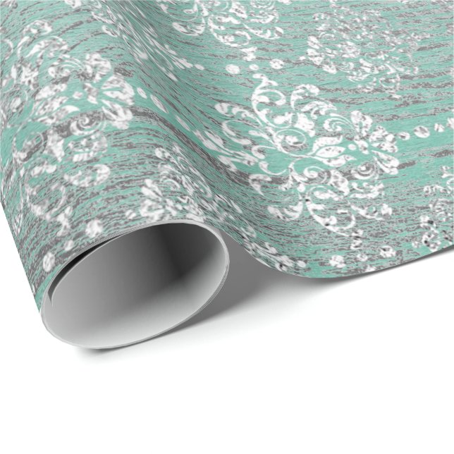 Minze grüne Metallic Damask Silver Gray Wood Rusti Geschenkpapier (Rolleneckpunkt)