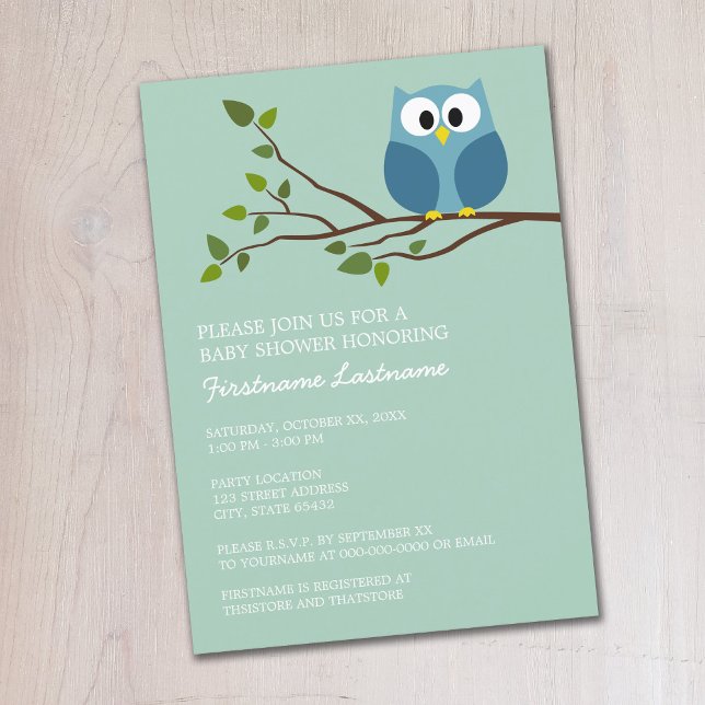 Minze grüne Niedliche Eule auf Zweig Babydusche Einladung (Cute Woodland Owl Baby Shower Invitation - Mint Green and Blue Owl)
