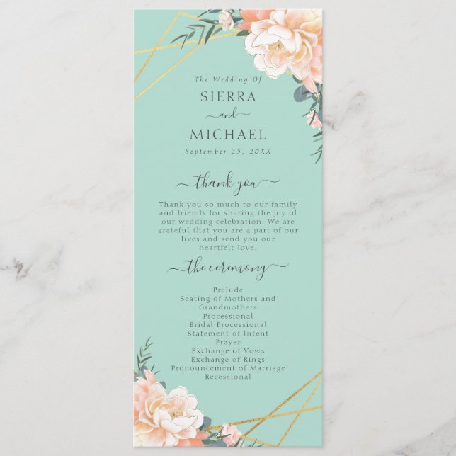 Minze grüne Pfirsichcreme Gold Geometric Wedding Programm (Vorderseite)