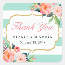 Minze grüne Streifen Aquarell Floral Vielen Dank Quadratischer Aufkleber