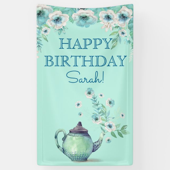 Minze Grüne Teekanne Aquarell Blume Aqua Aquamarin Banner (Vertikal)