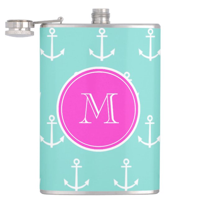 Minze grüne, weiße Anker, Hot-Pink-Monogramm Flachmann (Geöffnet)