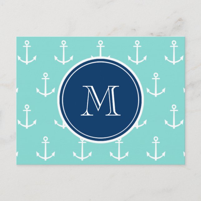 Minze grüne, weiße Anker, Navy Blue Monogram Postkarte (Vorderseite)