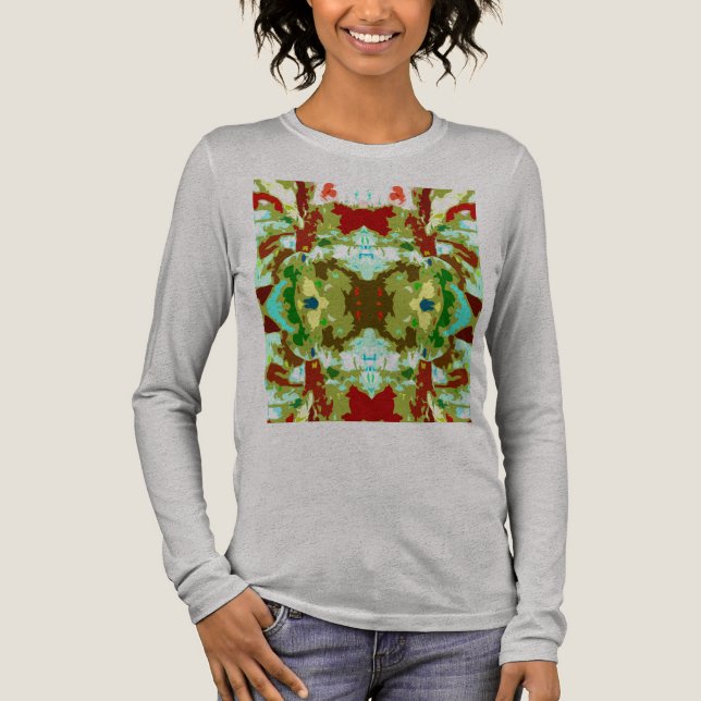 Minze grünes Olive Rot Abstrakt Symmetrische Blume Tri-Blend Shirt (Vorderseite)