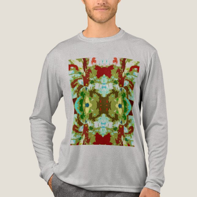 Minze grünes Olive Rot Abstrakt Symmetrische Blume Tri-Blend Shirt (Vorderseite)