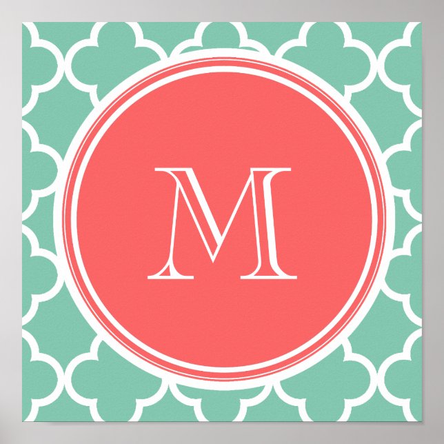 Minze, grünes Quatrefolienmuster, Korallenmonogram Poster (Vorne)