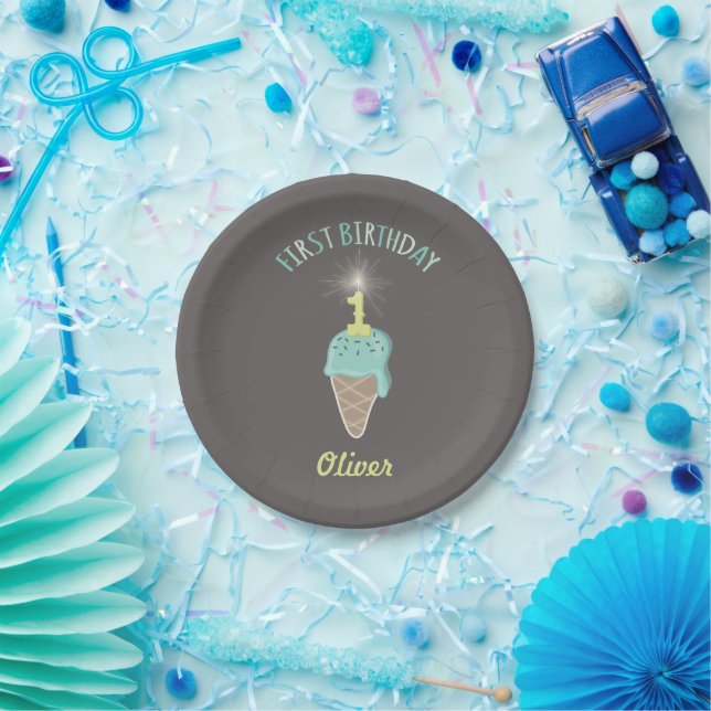 Minze Ice Cream Sparkler Boy 1. Geburtstag Party Pappteller (Party)