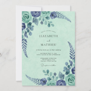 Minze Indigo Botanische Aquarell Hochzeit Einladung