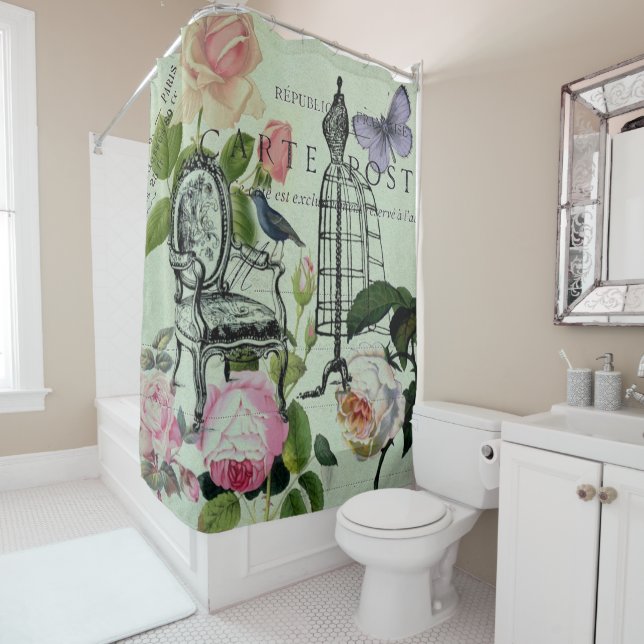 minze moderne Vintage französische Rose Schmetterl Duschvorhang (Beispiel)